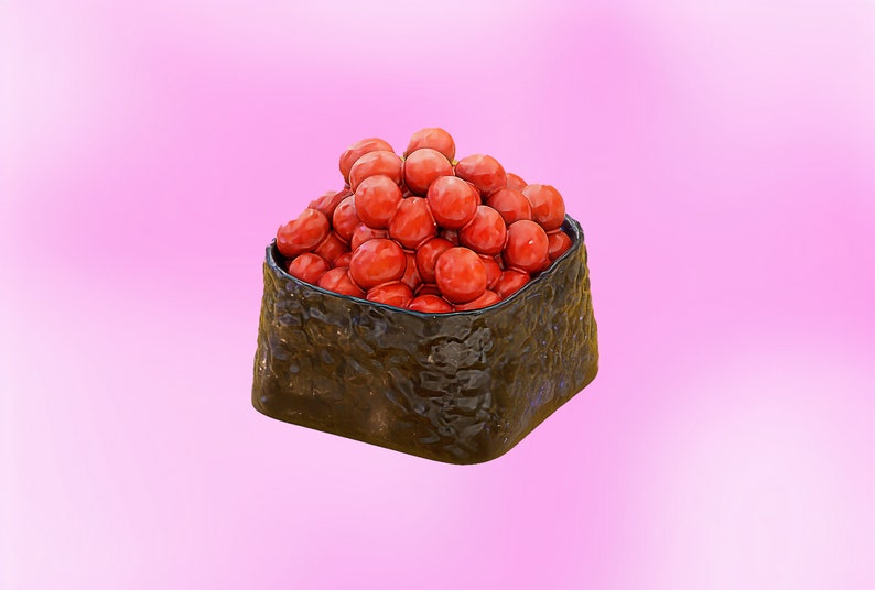 May include: A single serving of sushi with a mound of red tobiko (flying fish roe) in a square seaweed wrapper.