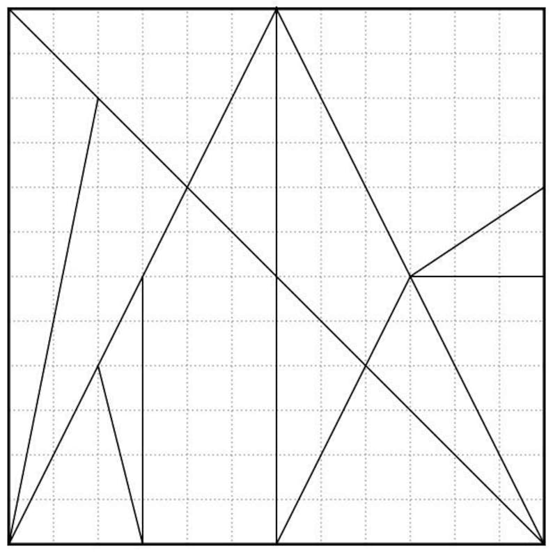 May include: A black and white line drawing of geometric shapes on a grid background.