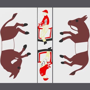 May include: A white background with three images. The center image is a red and white figure of a person riding a brown donkey. The left and right images are brown donkeys lying on their backs.