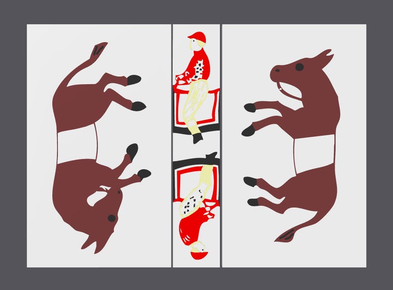 May include: A white background with three images. The center image is a red and white figure of a person riding a brown donkey. The left and right images are brown donkeys lying on their backs.