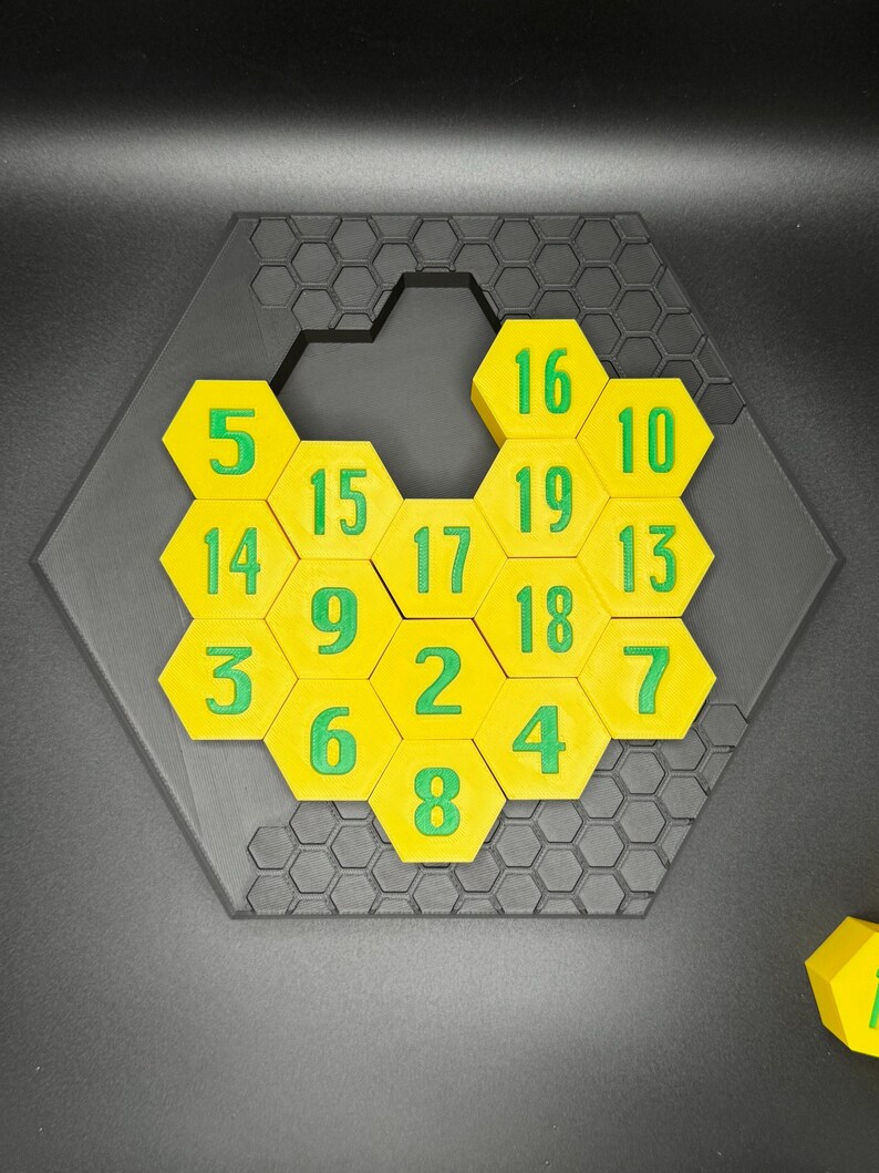 Puede incluir: Un rompecabezas hexagonal con fichas hexagonales amarillas numeradas del 2 al 19. Las fichas est&aacute;n dispuestas en un patr&oacute;n de panal con una ficha que falta en el centro.