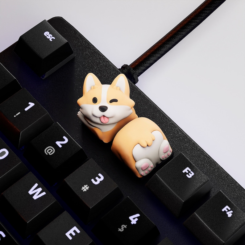 Op de afbeelding: Een zwart toetsenbord met een aangepaste corgi-vormige keycap. De keycap is bruin, wit en bruin, met de corgi die knipoogt en zijn tong uitsteekt. Het toetsenbord heeft zwarte toetsen met witte letters.