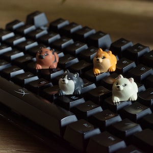 May include: A black mechanical keyboard with four colorful Shiba Inu keycaps. The keycaps are orange, white, black and brown, and are shaped like cartoon dogs. The keyboard is on a wooden surface.