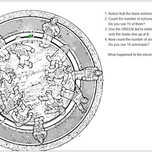 Puede incluir: Ilustraci&oacute;n en blanco y negro de un rompecabezas circular con astronautas. La imagen incluye instrucciones para contar astronautas y girar un c&iacute;rculo interior. El texto de la derecha pregunta: "&iquest;Qu&eacute; le pas&oacute; al astronauta desaparecido?"