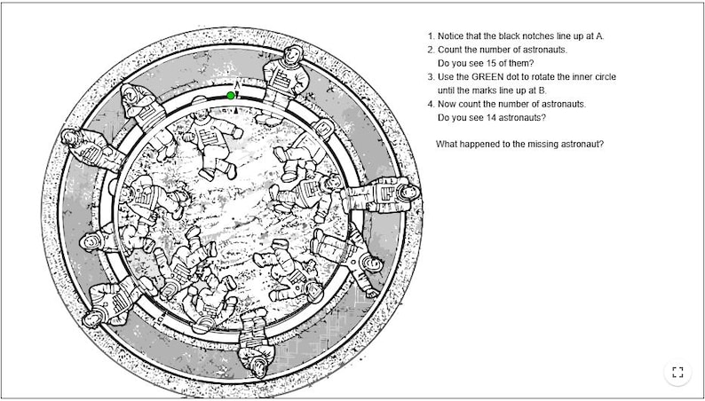 Puede incluir: Ilustraci&oacute;n en blanco y negro de un rompecabezas circular con astronautas. La imagen incluye instrucciones para contar astronautas y girar un c&iacute;rculo interior. El texto de la derecha pregunta: "&iquest;Qu&eacute; le pas&oacute; al astronauta desaparecido?"