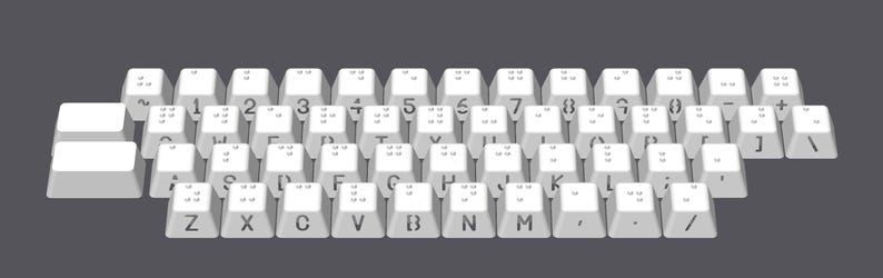May include: A white keyboard with braille markings on each key. The keys are arranged in a standard QWERTY layout. The keyboard includes numbers, letters, punctuation marks, and function keys.