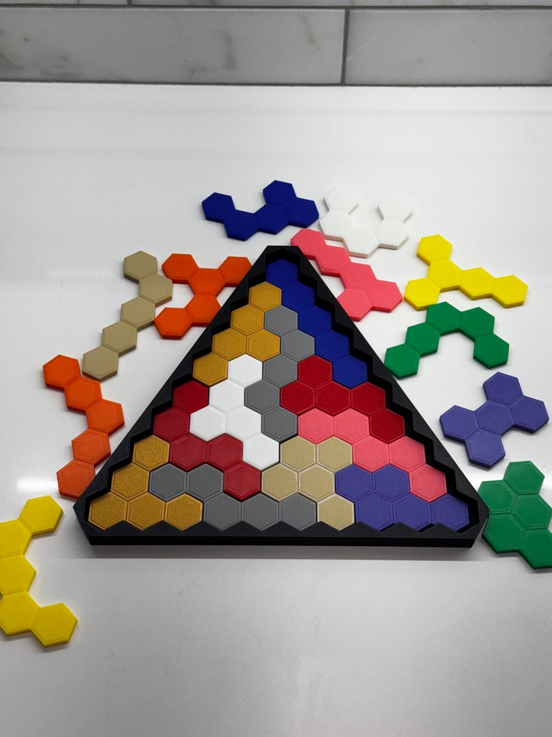 Pentahex-puzzel - dubbelzijdige 22-delige hersenkraker in doos met deksel - uniek cadeau voor puzzelliefhebbers afbeelding 2