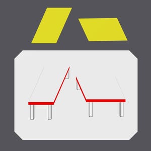 May include: Geometric illustration featuring two yellow parallelograms above a white shape with a red outline. The white shape depicts two tables with red edges and white legs, set against a gray background.