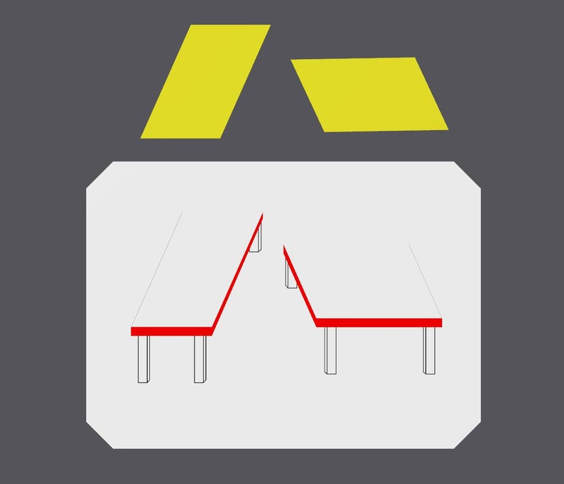 May include: Geometric illustration featuring two yellow parallelograms above a white shape with a red outline. The white shape depicts two tables with red edges and white legs, set against a gray background.