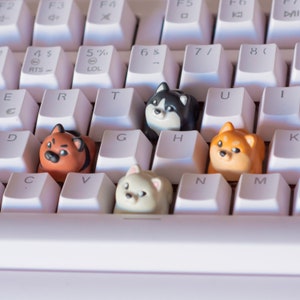 May include: Close-up of a white mechanical keyboard with custom keycaps shaped like cartoon dogs. The keycaps are black, orange, tan, and white. The keyboard keys are white.