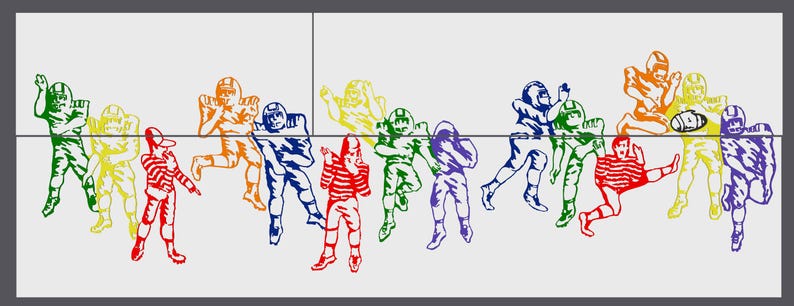 Pu&ograve; includere: Una linea di giocatori di football colorati in un motivo arcobaleno. Ogni giocatore indossa una divisa di colore diverso, dal rosso al viola. I giocatori sono tutti in pose d'azione, alcuni con un pallone da football.