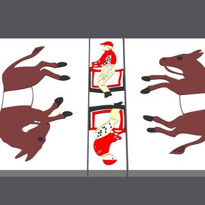 May include: Three white panels with a red and white illustration of a jockey riding a brown donkey on each panel. The jockey is wearing a red and white uniform and a white helmet.