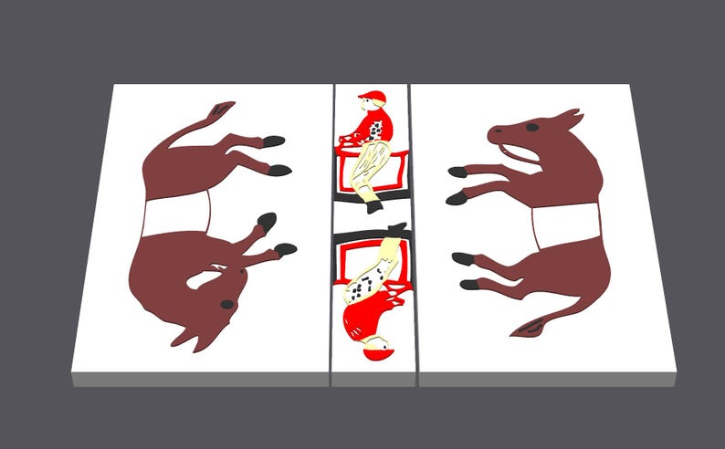 May include: Three white panels with a red and white illustration of a jockey riding a brown donkey on each panel. The jockey is wearing a red and white uniform and a white helmet.