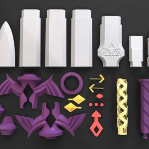 May include: A set of 3D printed plastic pieces in various shapes and colors, including purple, yellow, and white. The pieces are designed to be assembled into a larger object, possibly a model or toy.