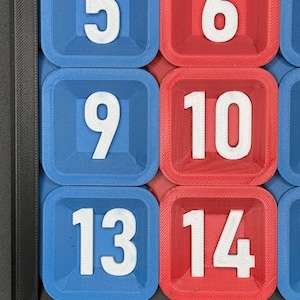 Pu&ograve; includere: Primo piano di un tabellone da gioco rosso e blu con tessere numerate. Le tessere sono disposte a griglia e i numeri 5, 6, 9, 10, 13 e 14 sono visibili.