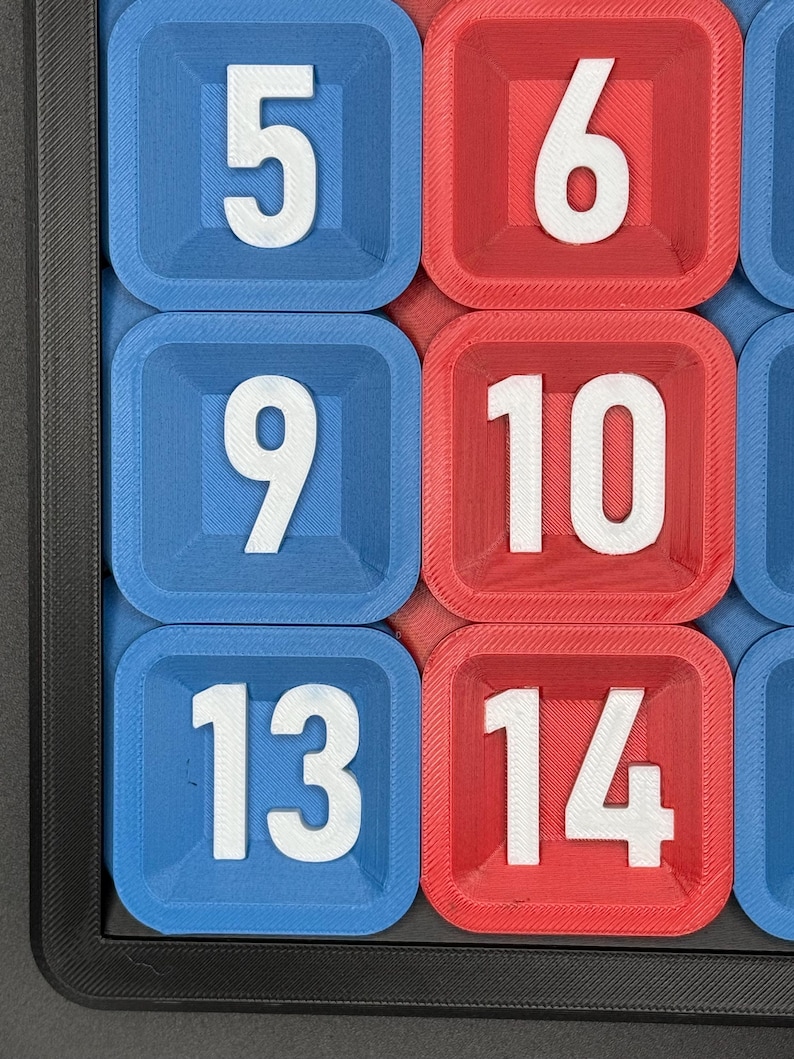 Pu&ograve; includere: Primo piano di un tabellone da gioco rosso e blu con tessere numerate. Le tessere sono disposte a griglia e i numeri 5, 6, 9, 10, 13 e 14 sono visibili.