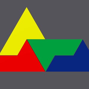 May include: A geometric design made of four triangles. The top triangle is yellow, the left triangle is red, the right triangle is blue, and the bottom triangle is green.