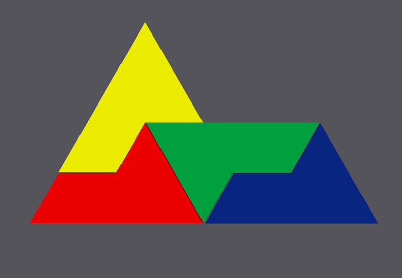 May include: A geometric design made of four triangles. The top triangle is yellow, the left triangle is red, the right triangle is blue, and the bottom triangle is green.