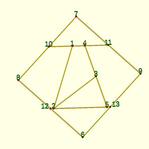 Może przedstawiać: Diagram przedstawiający graf z 13 węzłami połączonymi liniami. Węzły są ponumerowane od 1 do 13. Linie są ż&oacute;łte.