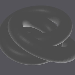 May include: A 3D-rendered, gray, intertwined torus shape against a gray background. The form is smooth and appears to be made of a solid material, with highlights suggesting a light source.