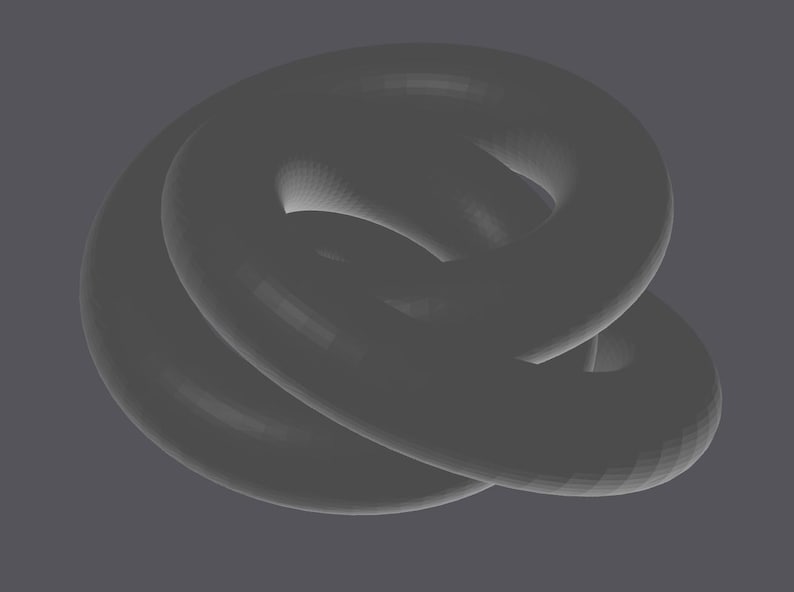 May include: A 3D-rendered, gray, intertwined torus shape against a gray background. The form is smooth and appears to be made of a solid material, with highlights suggesting a light source.