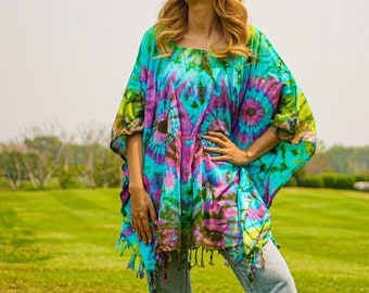 Hand Dyed Tunic, Boho Kaftan Blouse , Hippie Oversize Tops, Beachwear, Tie Dye Clothing, Hippie Clothing, Loungewear, Tie Dye Poncho