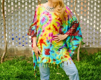 Túnica teñida a mano, Blusa Boho Kaftan, Tops hippie de gran tamaño, Ropa de playa, Ropa Tie Dye, Ropa hippie, Ropa lounge, Poncho Tie Dye