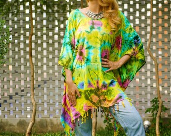 Túnica teñida a mano, Blusa Boho Kaftan, Tops hippie de gran tamaño, Ropa de playa, Ropa Tie Dye, Ropa hippie, Ropa lounge, Poncho Tie Dye