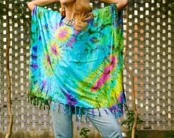 Túnica teñida a mano, Blusa Boho Kaftan, Tops hippie de gran tamaño, Ropa de playa, Ropa Tie Dye, Ropa hippie, Ropa lounge, Poncho Tie Dye