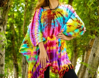 Hand Dyed Tunic, Boho Kaftan Blouse , Hippie Oversize Tops, Beachwear, Tie Dye Clothing, Hippie Clothing, Loungewear, Tie Dye Poncho