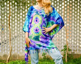 Hand Dyed Tunic, Boho Kaftan Blouse , Hippie Oversize Tops, Beachwear, Tie Dye Clothing, Hippie Clothing, Loungewear, Tie Dye Poncho
