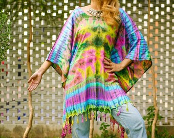 Túnica teñida a mano, Blusa Boho Kaftan, Tops hippie de gran tamaño, Ropa de playa, Ropa Tie Dye, Ropa hippie, Ropa lounge, Poncho Tie Dye