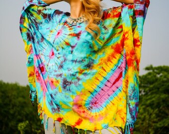 Túnica teñida a mano, Blusa Boho Kaftan, Tops hippie de gran tamaño, Ropa de playa, Ropa Tie Dye, Ropa hippie, Ropa lounge, Poncho Tie Dye