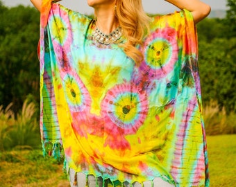 Túnica teñida a mano, Blusa Boho Kaftan, Tops hippie de gran tamaño, Ropa de playa, Ropa Tie Dye, Ropa hippie, Ropa lounge, Poncho Tie Dye