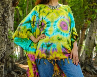 Hand Dyed Tunic, Boho Kaftan Blouse , Hippie Oversize Tops, Beachwear, Tie Dye Clothing, Hippie Clothing, Loungewear, Tie Dye Poncho