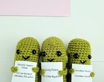 Customizable Emotional Support and Goofy Pickle Crochet, perfect for gift or desk accessory | Made to order