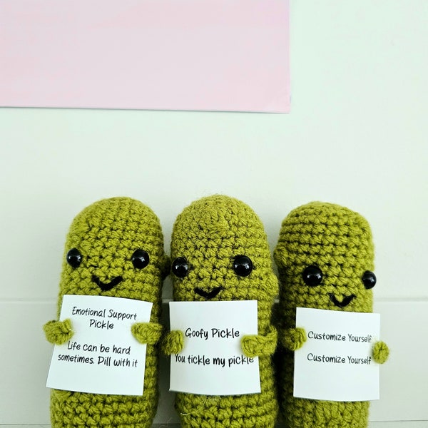 Customizable Emotional Support and Goofy Pickle Crochet, perfect for gift or desk accessory | Made to order
