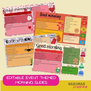Może przedstawiać: Edytowalne slajdy poranne z kolorowym motywem. Każdy slajd przedstawia inne wydarzenie, takie jak Walentynki, Halloween, Chiński Nowy Rok i Boże Narodzenie. Każdy slajd zawiera harmonogram z porannymi zadaniami, wyborami lunchu i przypomnieniami. Slajdy są przeznaczone do użytku w klasie.
