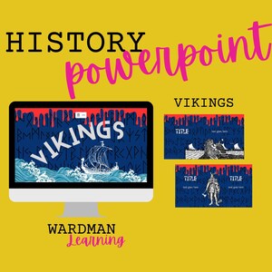 May include: A computer screen displaying a PowerPoint presentation about Vikings. The presentation has a blue background with Viking runes and a ship sailing on the sea. The title slide says "Vikings". There are two additional slides with the title "Title" and space for text. The presentation is from Wardman Learning.