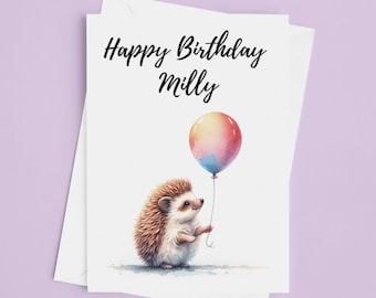 Personalised Birthday Card Hedgehog themed - Happy Birthday Card Hedgehog with Ballon Cute Gift Card Personalised Present