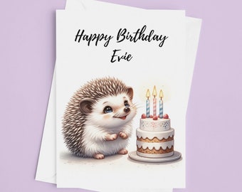 Personalised Birthday Card Hedgehog themed - Happy Birthday Card Hedgehog with Birthday Cake Cute Gift Card Personalised Present