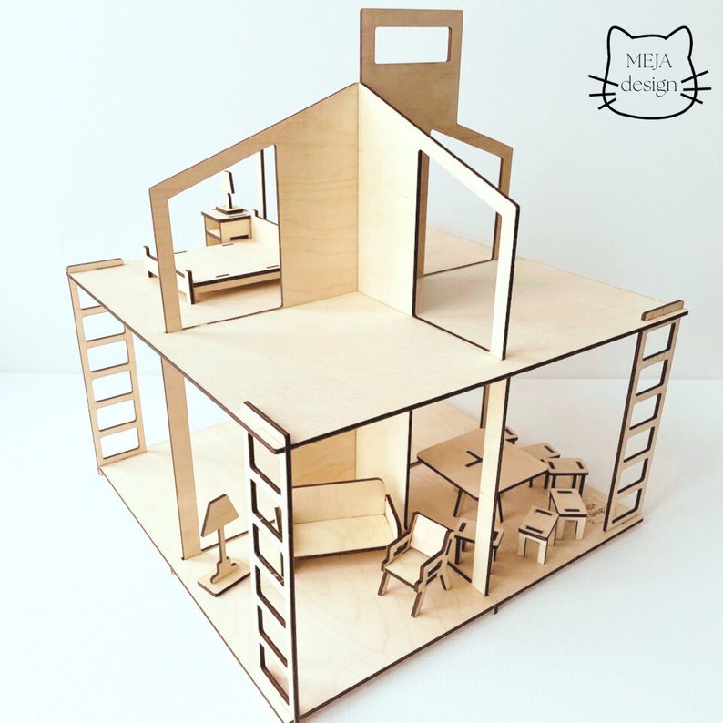 Customizable Wooden Dolls House for Toddler With Furnitures, Montessori