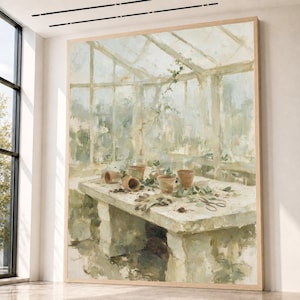ヴィンテージ温室植え替えテーブルのキャンバス、植物園の壁アート、素朴な植物の装飾、家庭菜園のキャンバス、自然をテーマにしたインテリアデザイン