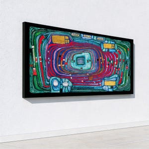 Puede incluir: Una pieza de arte mural rectangular enmarcada que presenta una vibrante composición abstracta de líneas concéntricas rojas, azules y verdes. La obra incluye pequeños detalles dorados rectangulares y etiquetas de texto FORCE, 230 V y LUMIERE.