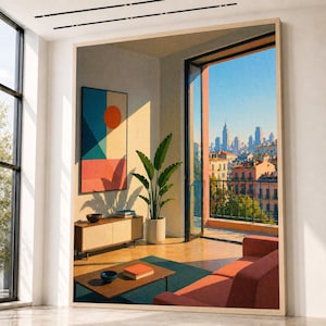 Zonnig stedelijk uitzicht vanaf balkon, canvas moderne woonkamer, stadsgezicht muurkunst, interieurdecor, canvas open raam