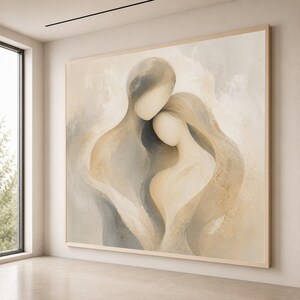 Abstraktes Paar Umarmung Leinwand, sanfte neutrale Töne Wandkunst, romantische Wohnkultur, zeitgenössische Liebe Kunstwerk, fertig zum Aufhängen Leinwand