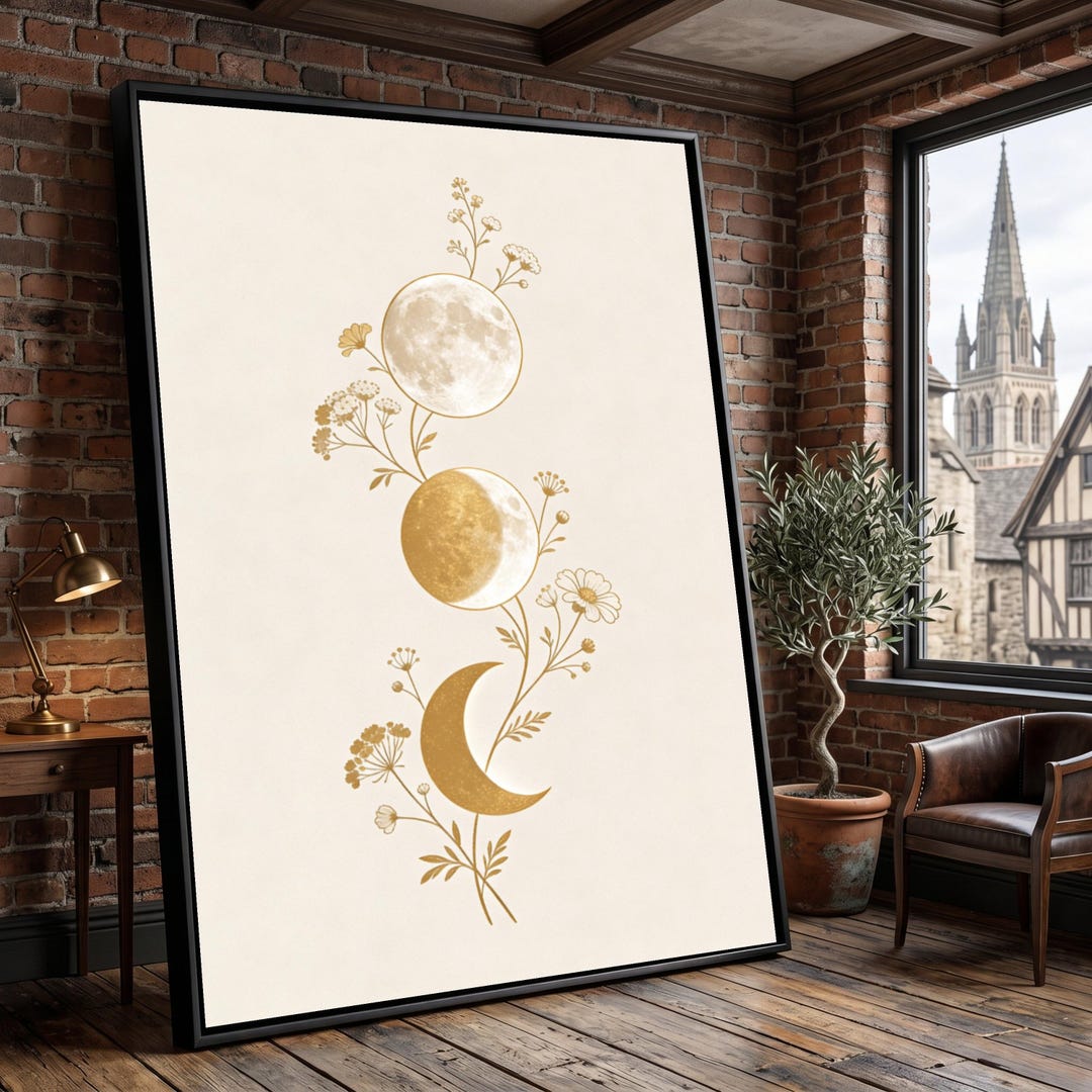 Golden Moon Phases With Floral Accents Canvas, Boho Wall Art, Celestial ...