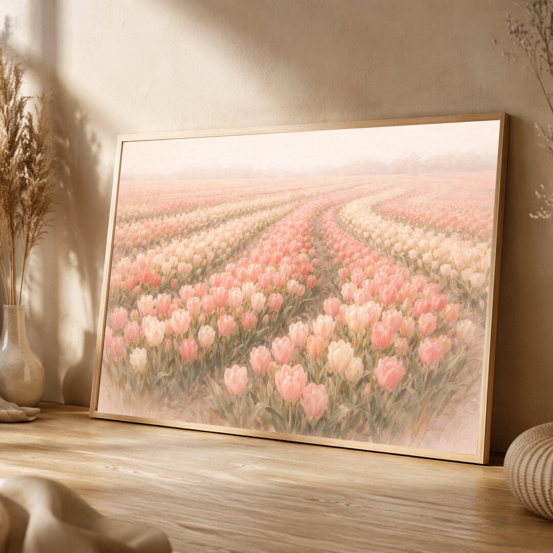 Soft Pastel Tulip Field Canvas Wall Art, Floral Landscape Canvas ...