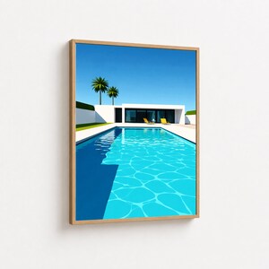 Modern vit villa med blå poolcanvas, solig utomhusscen, palmer, väggkonst, sommarsemesterdekor, minimalistisk hemcanvas