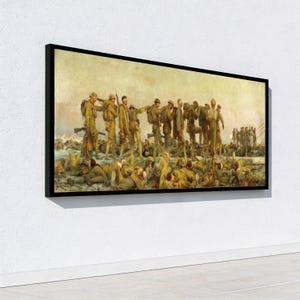 Cuadro de John Singer Sargent: Soldados prisioneros con los ojos vendados en la Primera Guerra Mundial, escena militar histórica, pintura de guerra antigua, batalla dramática.